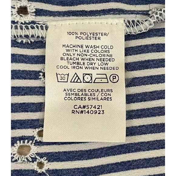 LOFT Outlet Eyelet Blouse Size Medium Navy Blue Stripe Gathered Shoulder Cuffs - Picture 6 of 11